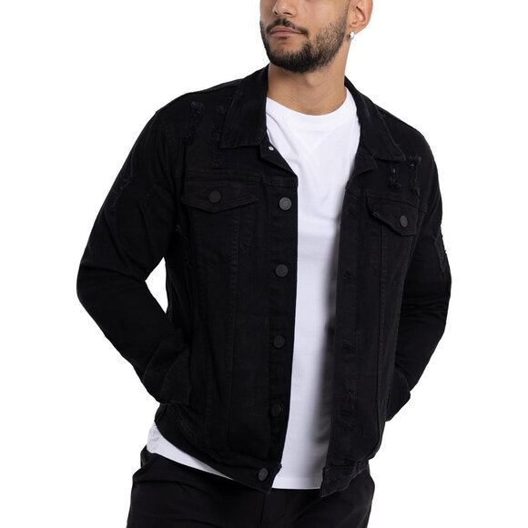 Mens Jet Black Denim Jacket Washed Ripped Distressed Stretch Casual Trucker - Picture 5 of 9